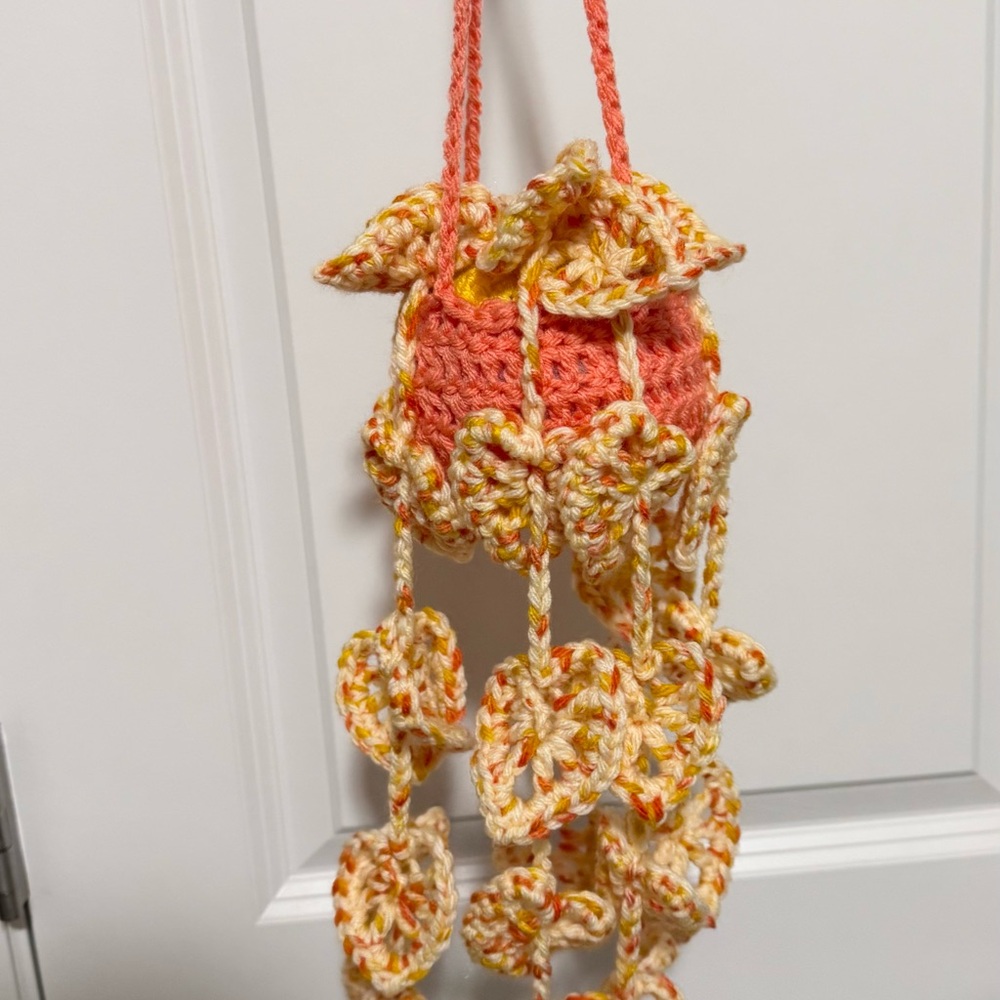 Handcrafted Crochet planter with Leaf Accents orange, yellow, cream